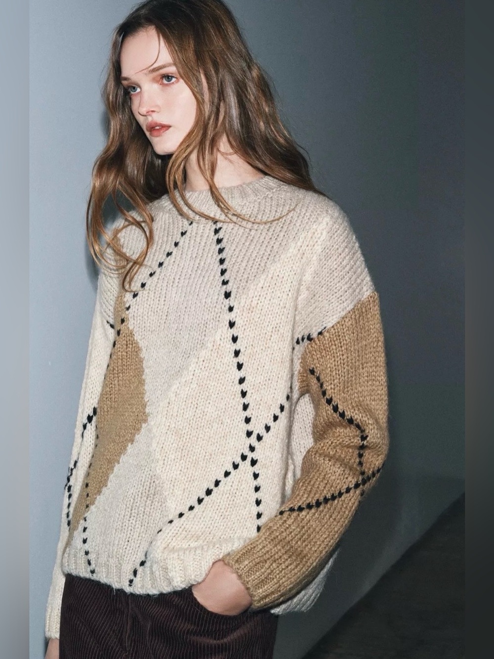 Zara NWT Argyle Oversized Knit Sweater Cream Beige Preppy Pullover